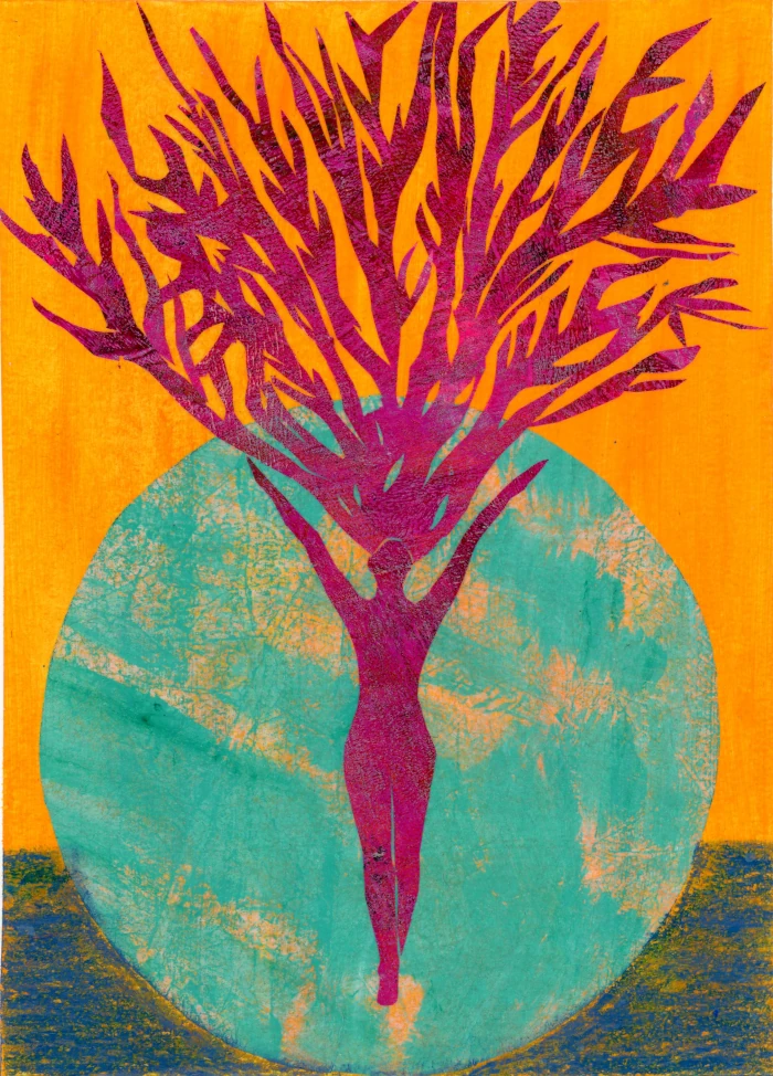 Aligned with Cosmic Fire - a mixed-media collage depicting a female figure with arms spread toward the heavens, her hair resembling a beautiful, large tree. It symbolises growth, connection to nature, and spiritual elevation.