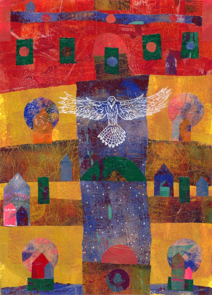 Bird from a New Years Dream - a mixed-media collage depicting colourful landscapes with houses and trees, featuring the silhouette of a white bird of prey with spread wings emerging like a dream image from the center,