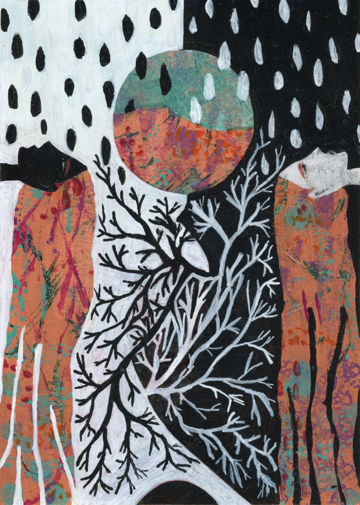 Black and White - a mixed-media collage featuring a symmetrical depiction of the heads of a white woman and a black woman with colourful hair. Between them is a circle, beneath which the black and white branches intertwine.