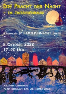 A dream-like illustration featuring a night sky with colorful houses transforming into shadow figures. This artwork represents a family night event that includes shadow theater, puppet performances, and creative, fun activities for the whole family.