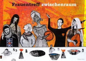 frauentreff zwischenraum -aAn illustration showing six women of different ages and cultural backgrounds engaging in mutual activities involving music, dance, food, and conversation. This artwork represents a women's meet-up as an inclusive and diverse space for exchange, creativity, and support. (c) Sanja Cekov