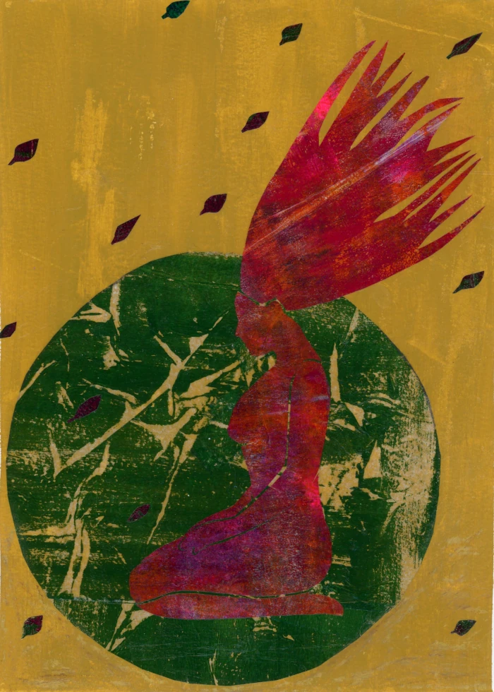 Wind Within - a mixed-media collage depicting a woman sitting on the earth with her legs bent beneath her in a meditative state. The wind blows her long, strong hair toward the sky, along with leaves, symbolising inner stillness, change, and awakening.