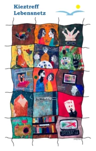 A colorful illustration depicting a net of patchwork-style images showcasing various offerings from the community center Kieztreff Lebensnetz, including a language café, exhibitions, history workshops, and a library, highlighting community engagement and activities.