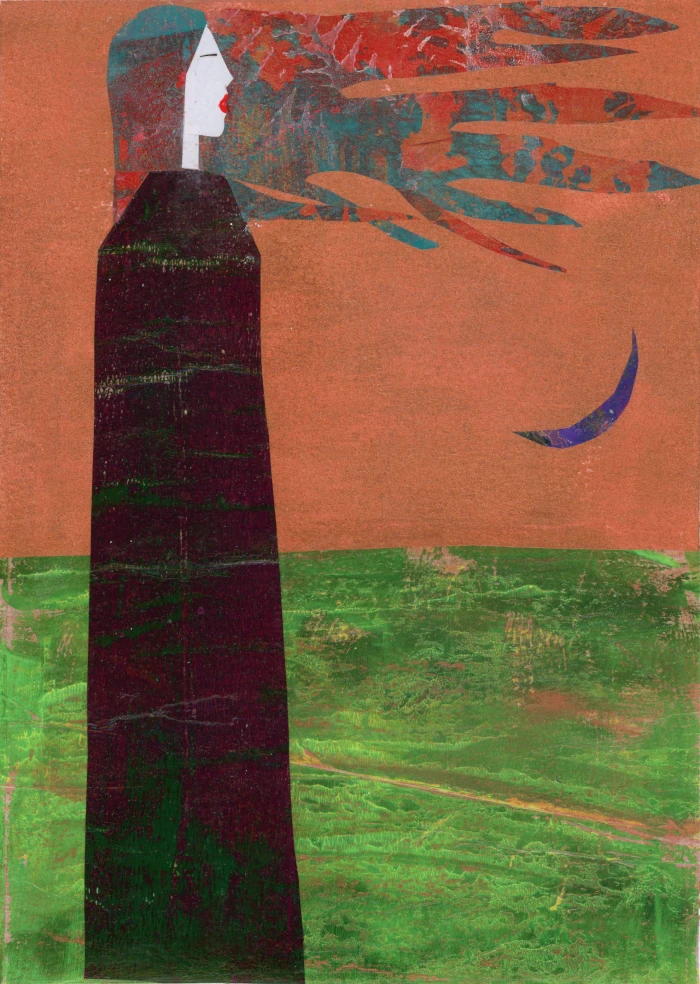 Mena - a mixed-media collage depicting a female figure standing still and tall in the landscape, with the wind blowing her hair in the direction of her gaze. She is poised for transformation, accompanied by a blue crescent moon on the horizon, symbolizing change and new beginnings.