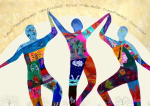 A colorful illustration depicting three human figures dancing while holding hands, their bodies assembled from a patchwork of images representing elements of nature, including landscapes, community rituals, fire, lakes, volcanoes, and animals. This artwork symbolizes the connection between nature and people as the foundation of health and well-being.