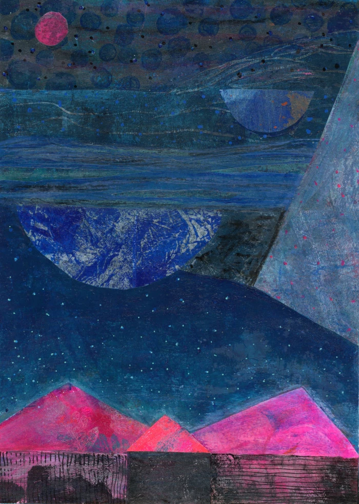 Dream of a Neutron Star - a mixed-media collage showing crimson pyramids with the night unfolding above in multiple cosmic layers that reveal celestial bodies, symbolising the vastness of the universe and the mysteries it holds.