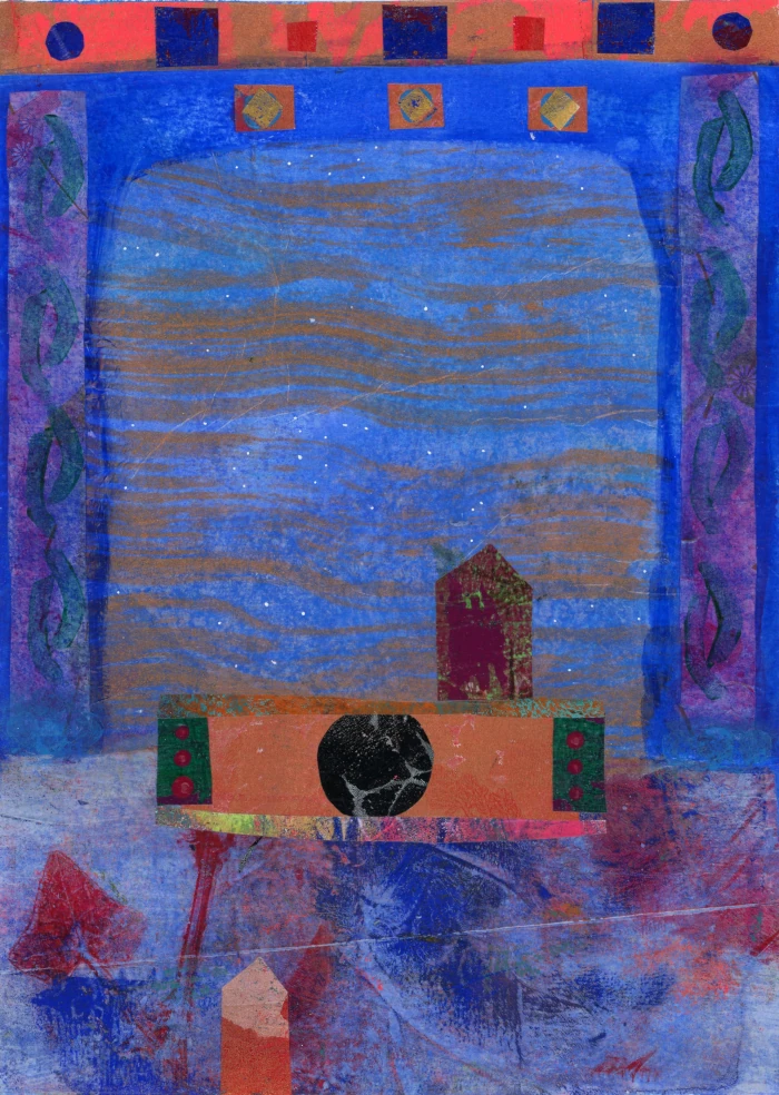 Shaharasadas House - a mixed-media collage representing a dreamlike and imaginative image of a house in a night landscape, symbolizing its power to invoke stories and inspire imagination.