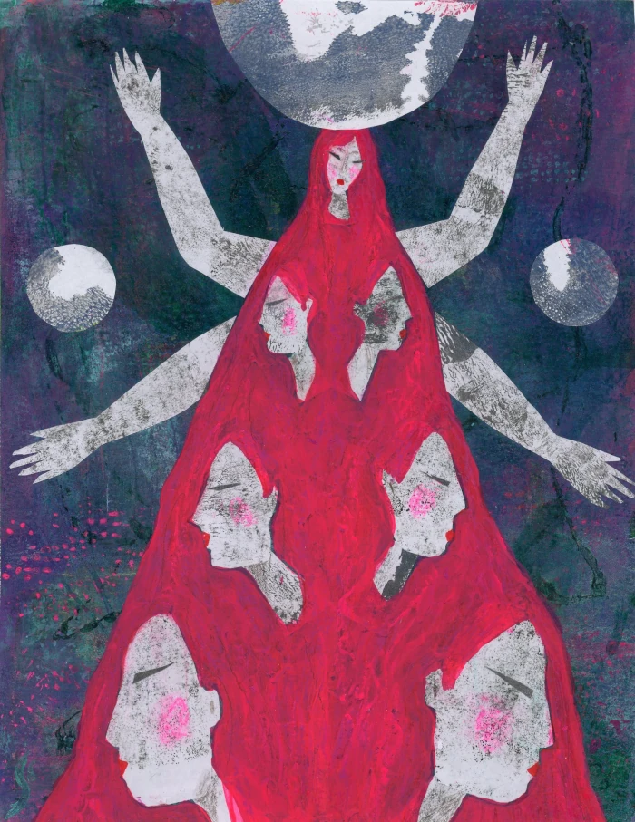 Spirits of the Woods - a mixed-media collage portraying a mythical figure of a woman with long red hair covering her body and earth. Above her head is a half-circle, flanked by two celestial bodies. Four arms stretch out from her body in different directions, while rows of women's faces arise symmetrically from her hair, symbolising wisdom, shamanism, and the ability to travel between worlds.