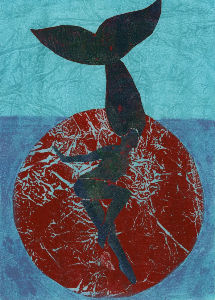 Waves - mixed media collage depicting a woman in motion, her hair resembling a whale tail, symbolising the power of the sea within a woman. The artwork captures strength and fluidity, reflecting the deep connection between femininity and the ocean.